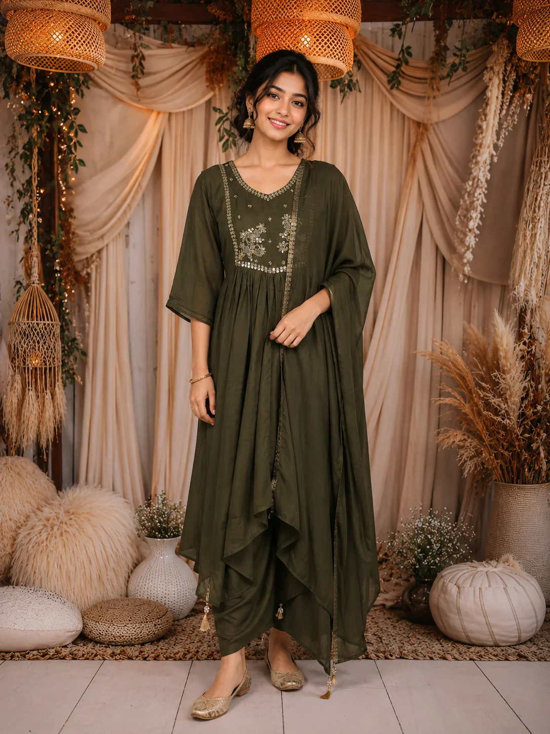 Mustard Green Floral Beads Embroidered Design Cotton Anarkali Salwar Suit with Dupatta